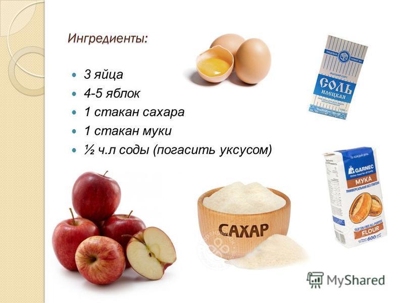 Ингредиенты: 3 яйца 4-5 яблок 1 стакан сахара 1 стакан муки ½ ч.л соды (погасить уксусом)