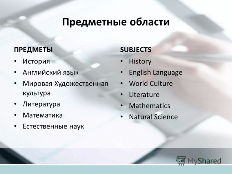Предметные области ПРЕДМЕТЫ История Английский язык Мировая Художественная культура Литература Математика Естественные наук SUBJECTS History English L
