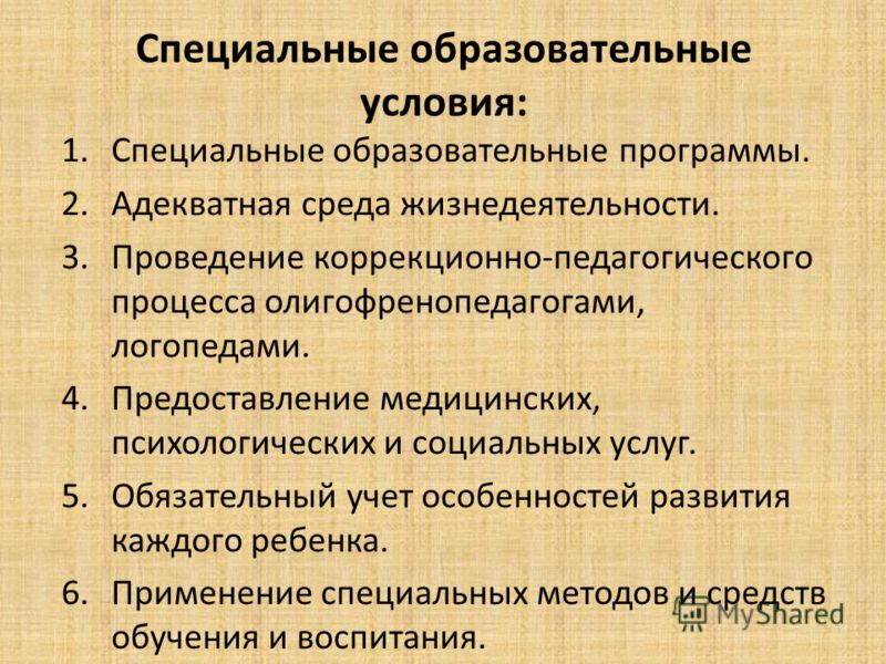 Специальные образовательные условия: 1.Специальные образовательные программы. 2.Адекватная среда жизнедеятельности. 3.Проведение коррекционно-педагоги