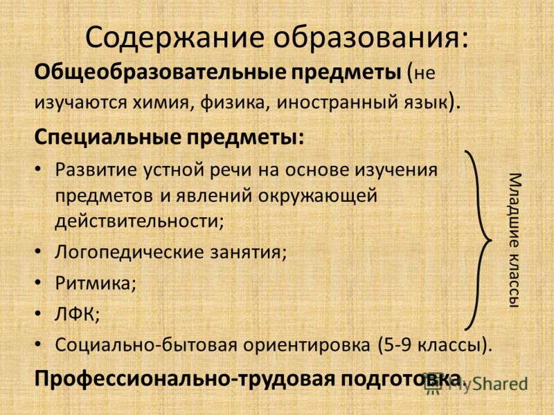 Содержание образования: Общеобразовательные предметы ( не изучаются химия, физика, иностранный язык ). Специальные предметы: Развитие устной речи на о