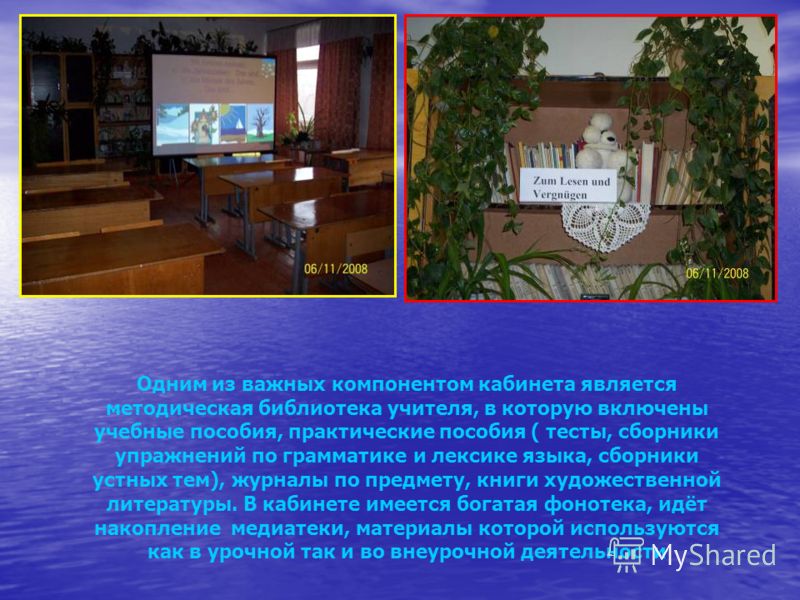Одним из важных компонентом кабинета является методическая библиотека учителя, в которую включены учебные пособия, практические пособия ( тесты, сборн