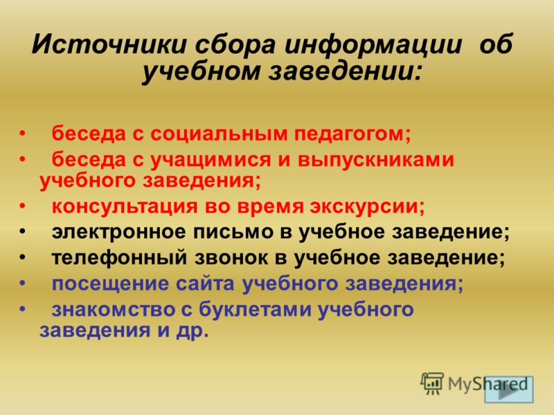 Источники сбора информации об учебном заведении: беседа с социальным педагогом; беседа с учащимися и выпускниками учебного заведения; консультация во 