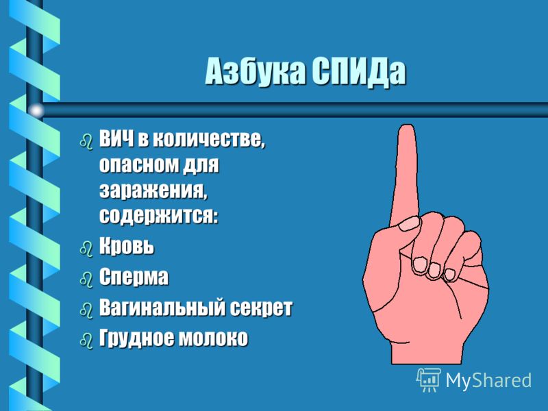 Азбука СПИДа b ВИЧ в количестве, опасном для заражения, содержится: b Кровь b Сперма b Вагинальный секрет b Грудное молоко