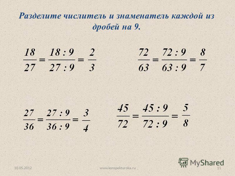 10.05.2012www.konspekturoka.ru11 Разделите числитель и знаменатель каждой из дробей на 9.