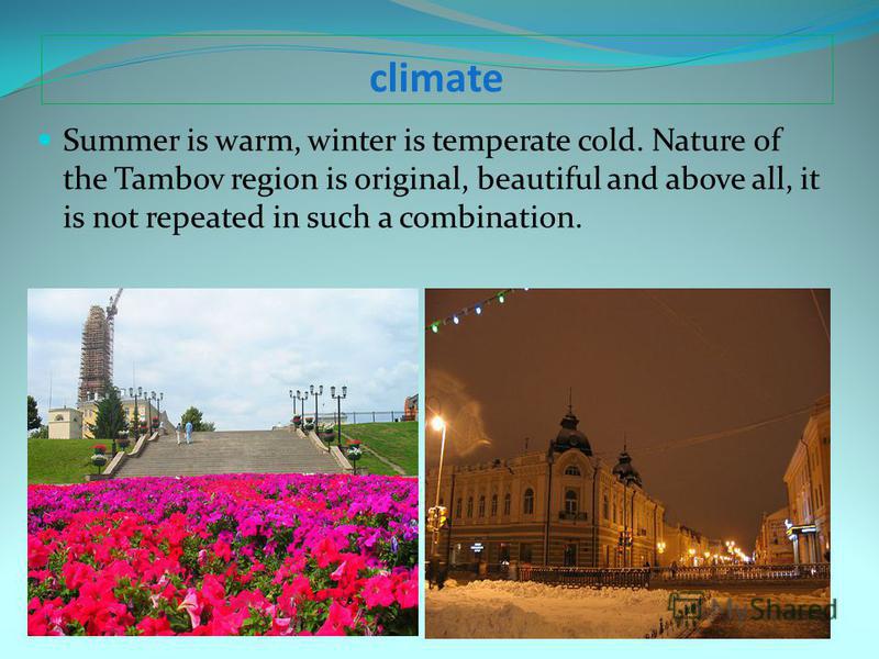 climate Summer is warm, winter is temperate cold. Nature of the Tambov region is original, beautiful and above all, it is not repeated in such a combination.