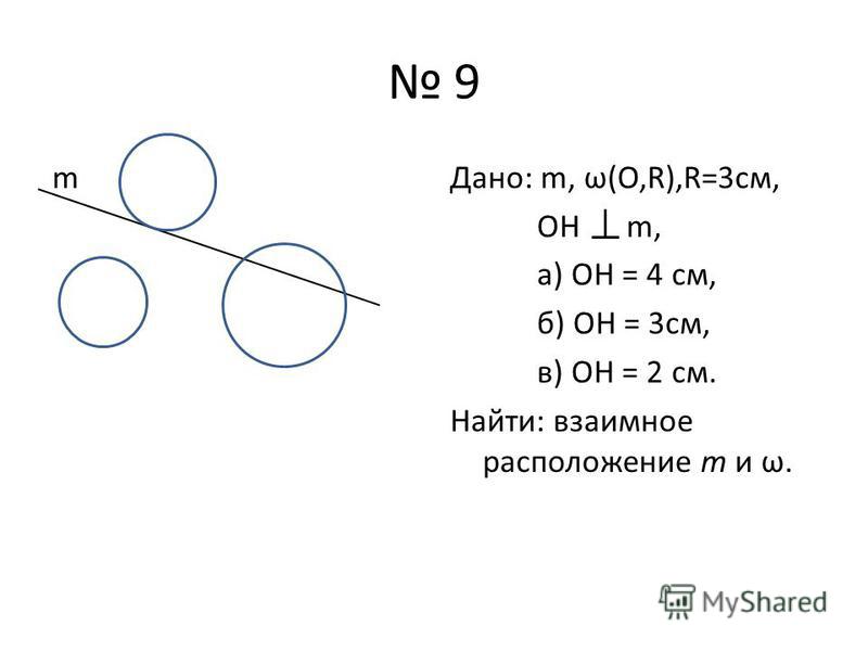 9 Дано: m, ω(О,R),R=3 см, ОН m, а) ОН = 4 см, б) ОН = 3 см, в) ОН = 2 см. Найти: взаимное расположение m и ω. m