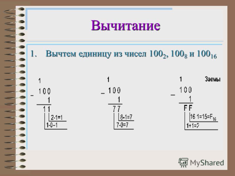 Вычитание 1.Вычтем единицу из чисел 100 2, 100 8 и 100 16