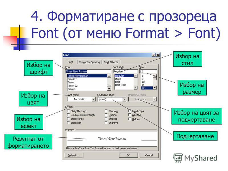 4. Форматиране с прозореца Font (от меню Format > Font) Избор на шрифт Избор на размер Избор на стил Подчертаване Избор на цвят Избор на ефект Резултат от форматирането Избор на цвят за подчертаване