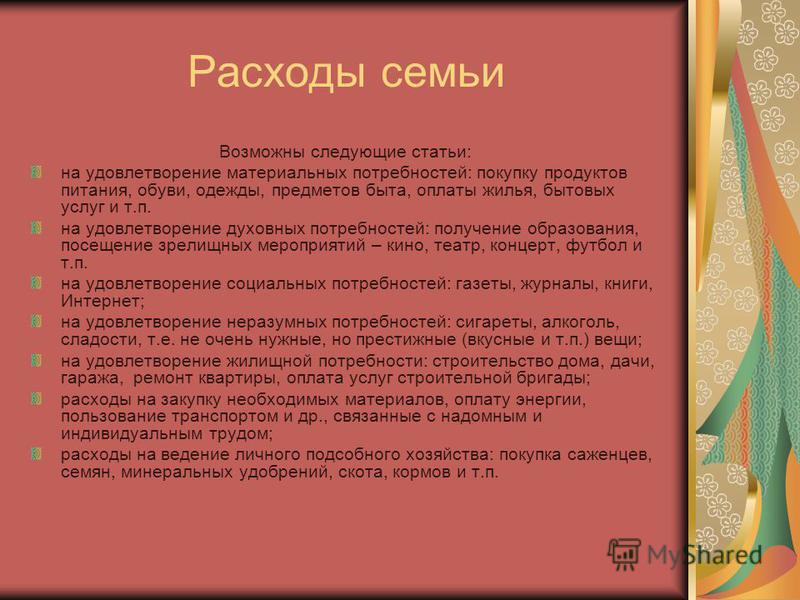 Расходы семьи Возможны следующие статьи: на удовлетворение материальных потребностей: покупку продуктов питания, обуви, одежды, предметов быта, оплаты жилья, бытовых услуг и т.п. на удовлетворение духовных потребностей: получение образования, посещен