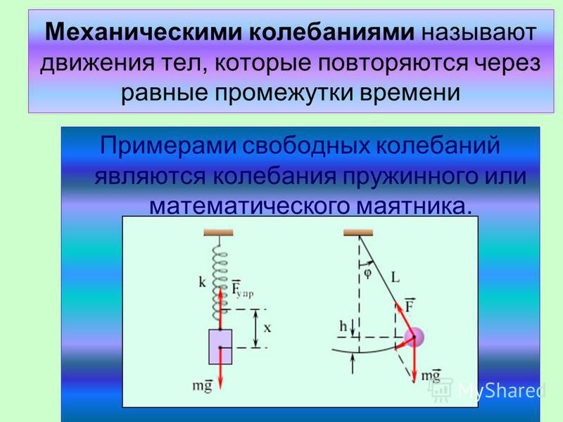 Механическими колебаниями называют движения тел, которые повторяются через равные промежутки времени Примерами свободных колебаний являются колебания пружинного или математического маятника.