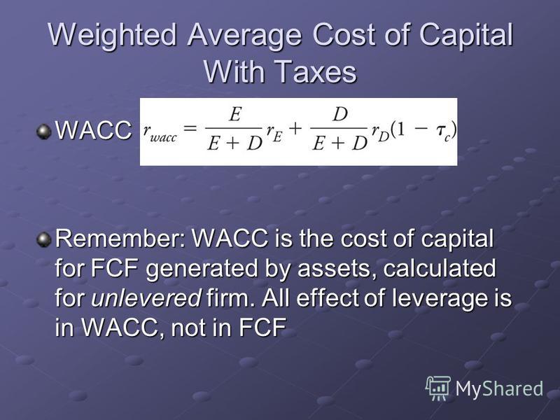 Weighted Average Cost of Capital With Taxes WACC Remember: WACC is the cost...