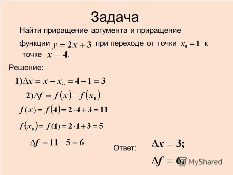 Презентация на тему: "Пример Найдите приращение х и f в точке x 0, если f(x) = х