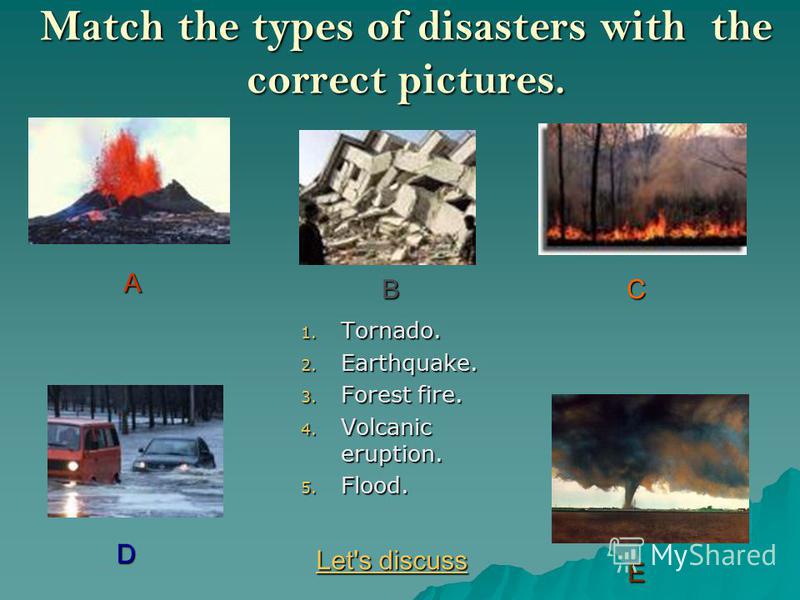 Match the types of disasters with the correct pictures. 
