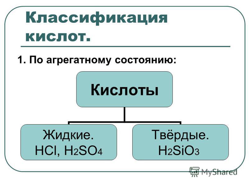 Классификация кислот. 1. По агрегатному состоянию: Кислоты Жидкие. НСl, H2SO4 Твёрдые. H2SiO3