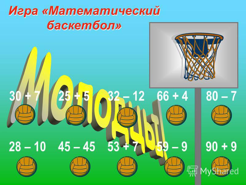 Игра «Математический баскетбол» 30 + 725 + 532 – 1266 + 480 – 7 28 – 1045 – 4553 + 759 – 990 + 9