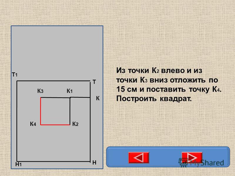Н Т Т1Т1 Н1Н1 К К1К1 К3К3 К2К2 К4К4 Из точки К 2 влево и из точки К 3 вниз отложить по 15 см и поставить точку К 4. Построить квадрат.