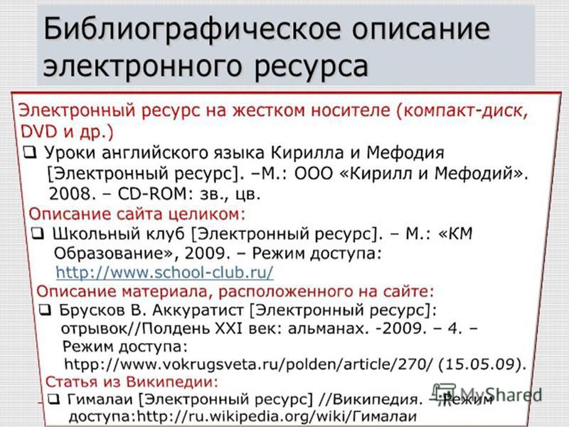 Библиографические данные это пример Схема описания электронного ресурса