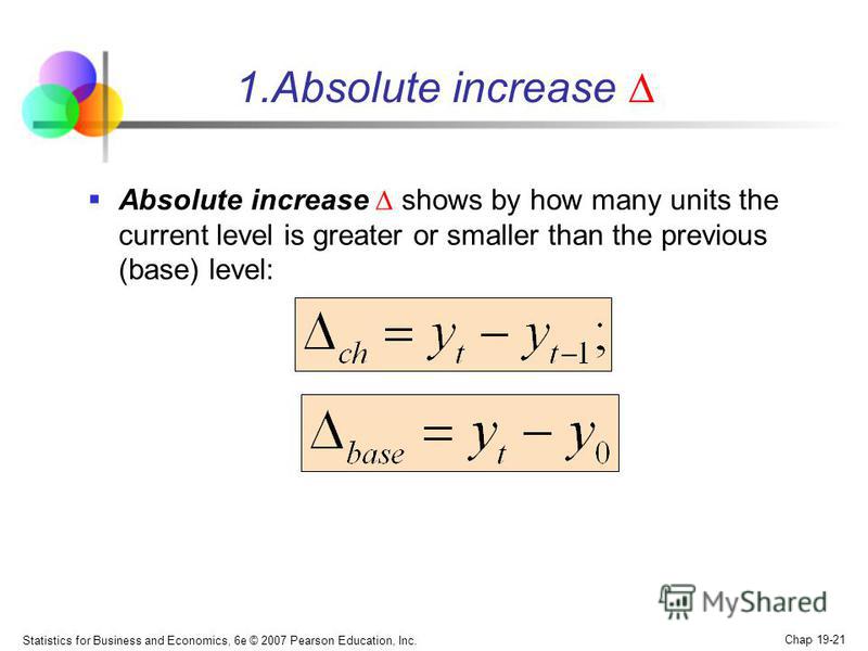 Statistics for Business and Economics, 6e © 2007 Pearson Education, Inc. Chap 19-21 Absolute increase shows by how many units the current level is greater or smaller than the previous (base) level: 1.Absolute increase