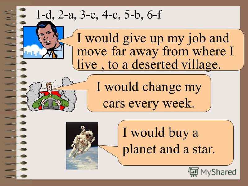 I would change my cars every week. I would give up my job and move far away from where I live, to a deserted village. I would buy a planet and a star. 1-d, 2-a, 3-e, 4-c, 5-b, 6-f