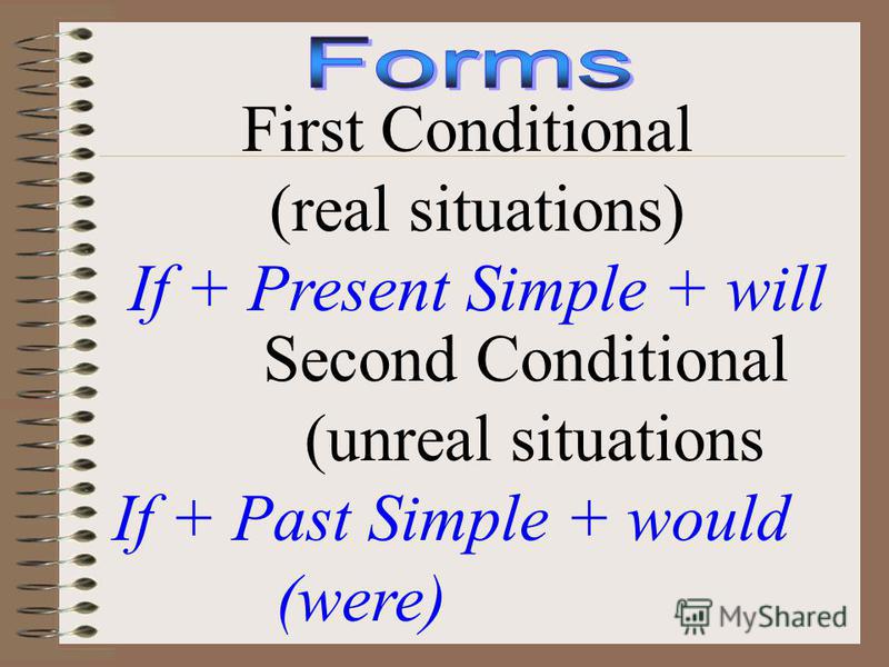 First Conditional (real situations) If + Present Simple + will Second Conditional (unreal situations If + Past Simple + would (were)