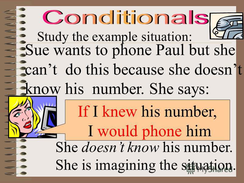 Study the example situation: Sue wants to phone Paul but she cant do this because she doesnt know his number. She says: She doesnt know his number. She is imagining the situation. If I knew his number, I would phone him