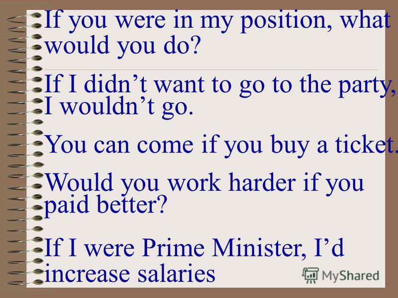 If you were in my position, what would you do? If I didnt want to go to the party, I wouldnt go. You can come if you buy a ticket. Would you work harder if you paid better? If I were Prime Minister, Id increase salaries
