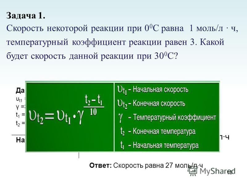 16 Дано: υ t1 = 1 моль/л ч γ =3 t 1 = 0 0 С t 2 = 30 0 С Найти: υ t2 Задача 1. Скорость некоторой реакции при 0 0 С равна 1 моль/л ч, температурный коэффициент реакции равен 3. Какой будет скорость данной реакции при 30 0 С? Решение: υ t2 = υ t1 γ Δt
