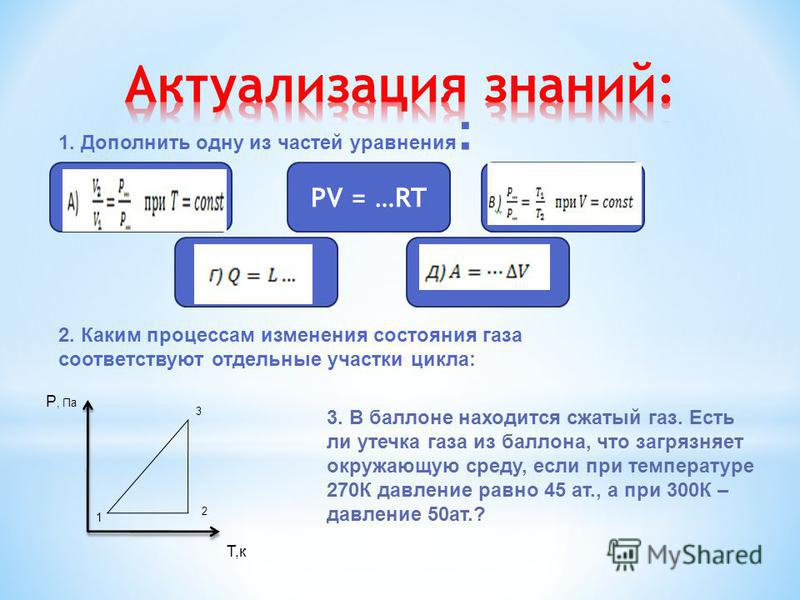 PV = …RT 1. Дополнить одну из частей уравнения : 2. Каким процессам изменения состояния газа соответствуют отдельные участки цикла: 1 3 2 P, Па T,к 3. В баллоне находится сжатый газ. Есть ли утечка газа из баллона, что загрязняет окружающую среду, ес