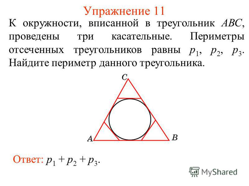 Упражнение 11 К окружности, вписанной в треугольник АВС, проведены три касательные. Периметры отсеченных треугольников равны p 1, p 2, p 3. Найдите периметр данного треугольника. Ответ: p 1 + p 2 + p 3.