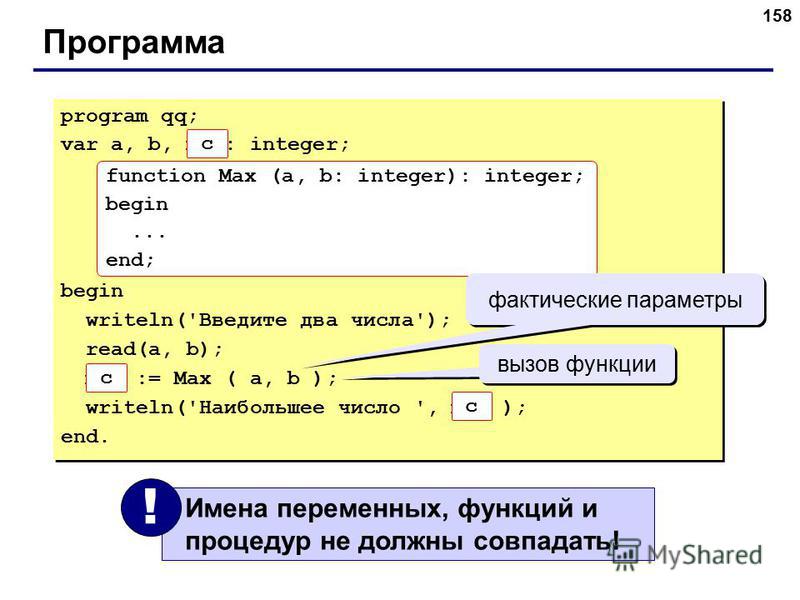 158 Программа program qq; var a, b, max: integer; begin writeln('Введите два числа'); read(a, b); max := Max ( a, b ); writeln('Наибольшее число ', max ); end. program qq; var a, b, max: integer; begin writeln('Введите два числа'); read(a, b); max :=