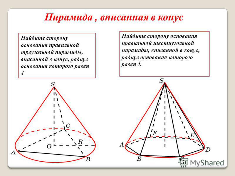 Найдите сторону основания правильной треугольной пирамиды, вписанной в конус, радиус основания которого равен 4 Пирамида, вписанная в конус Найдите сторону основания правильной шестиугольной пирамиды, вписанной в конус, радиус основания которого раве