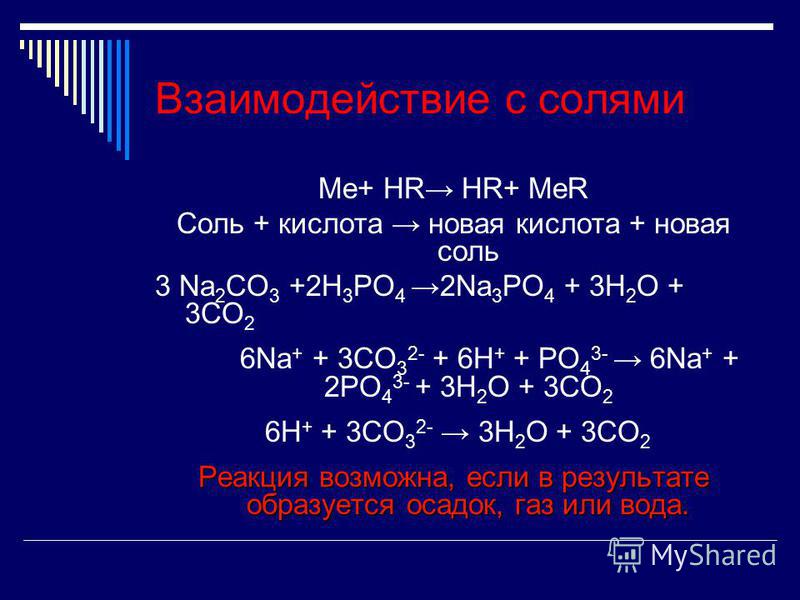 Взаимодействие с солями Ме+ HR HR+ МеR Соль + кислота новая кислота + новая соль 3 Na 2 CO 3 +2H 3 PO 4 2Na 3 PO 4 + 3H 2 O + 3CO 2 6Na + + 3CO 3 2- + 6H + + PO 4 3- 6Na + + 2PO 4 3- + 3H 2 O + 3CO 2 6H + + 3CO 3 2- 3H 2 O + 3CO 2 Реакция возможна, е