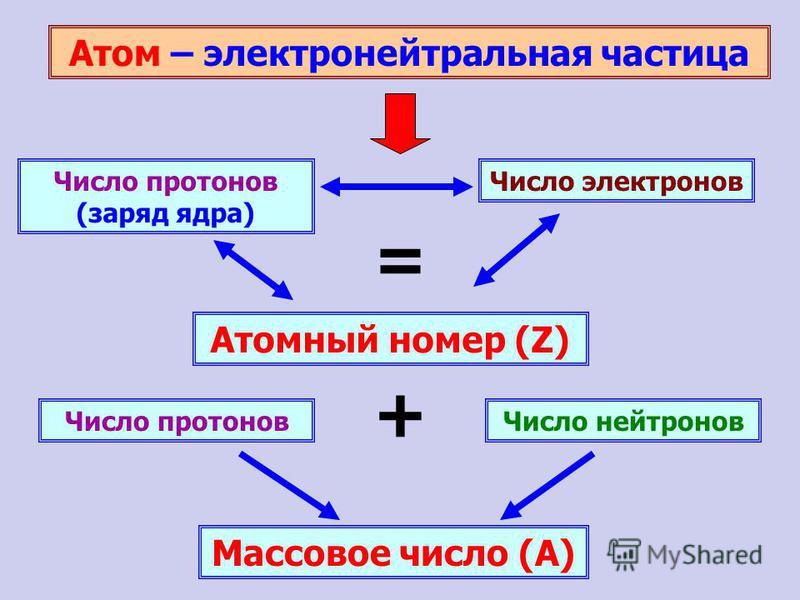 Атом – электронейтральная частица Число протонов (заряд ядра) Атомный номер (Z) Число электронов = Число нейтронов Число протонов + Массовое число (А)