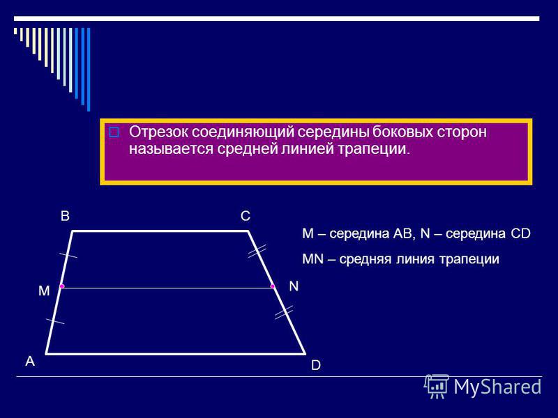 Отрезок соединяющий середины боковых сторон называется средней линией трапеции. D A BC M N M – середина AB, N – середина CD MN – средняя линия трапеции