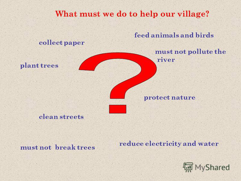 What must we do to help our village? collect paper feed animals and birds plant trees reduce electricity and water clean streets protect nature must not break trees must not pollute the river