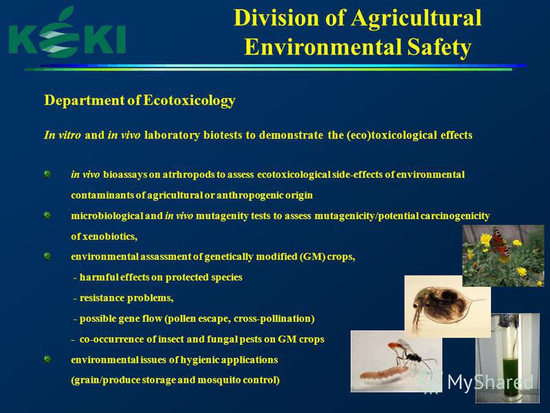 Division of Agricultural Environmental Safety Department of Ecotoxicology In vitro and in vivo laboratory biotests to demonstrate the (eco)toxicological effects in vivo bioassays on atrhropods to assess ecotoxicological side-effects of environmental 