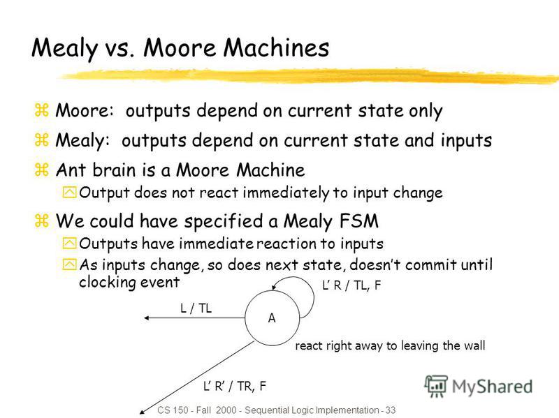 CS 150 - Fall 2000 - Sequential Logic Implementation - 33 react right away to leaving the wall Mealy vs. Moore Machines zMoore: outputs depend on current state only zMealy: outputs depend on current state and inputs zAnt brain is a Moore Machine yOut