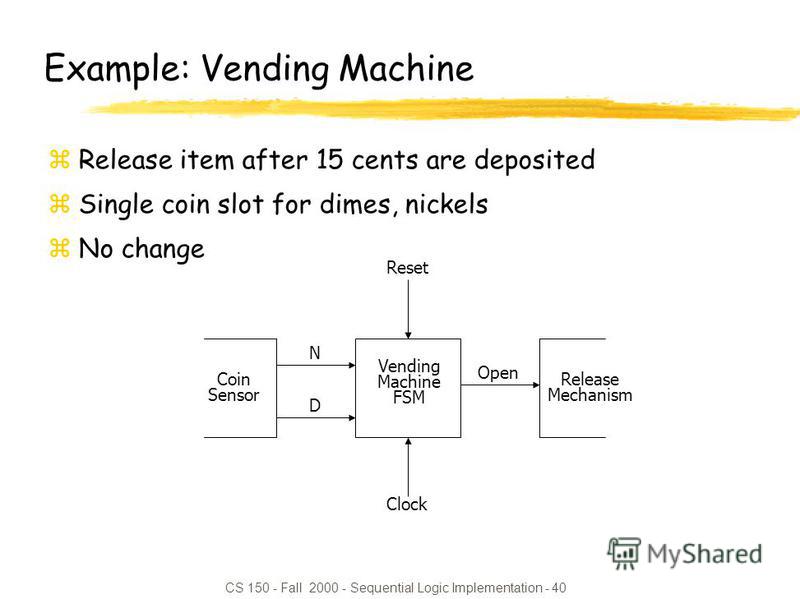 CS 150 - Fall 2000 - Sequential Logic Implementation - 40 Vending Machine FSM N D Reset Clock Open Coin Sensor Release Mechanism Example: Vending Machine zRelease item after 15 cents are deposited zSingle coin slot for dimes, nickels zNo change
