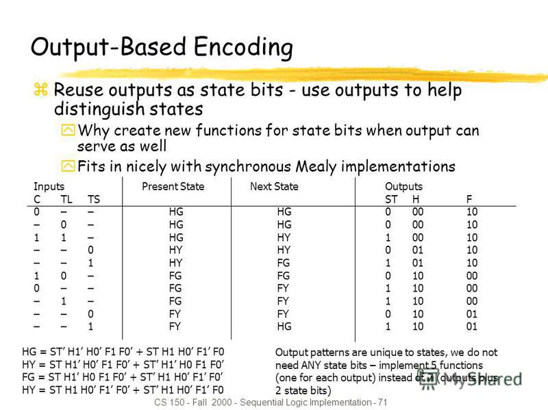 CS 150 - Fall 2000 - Sequential Logic Implementation - 71 Output-Based Encoding zReuse outputs as state bits - use outputs to help distinguish states yWhy create new functions for state bits when output can serve as well yFits in nicely with synchron