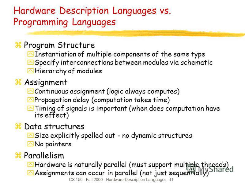 CS 150 - Fall 2000 - Hardware Description Languages - 11 Hardware Description Languages vs. Programming Languages zProgram Structure yInstantiation of multiple components of the same type ySpecify interconnections between modules via schematic yHiera