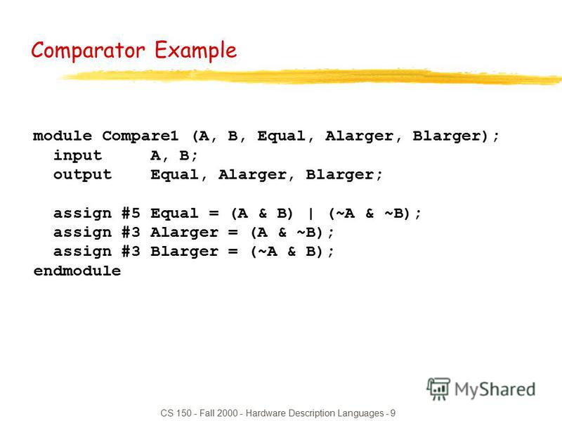 CS 150 - Fall 2000 - Hardware Description Languages - 9 module Compare1 (A, B, Equal, Alarger, Blarger); input A, B; output Equal, Alarger, Blarger; assign #5 Equal = (A & B) | (~A & ~B); assign #3 Alarger = (A & ~B); assign #3 Blarger = (~A & B); en