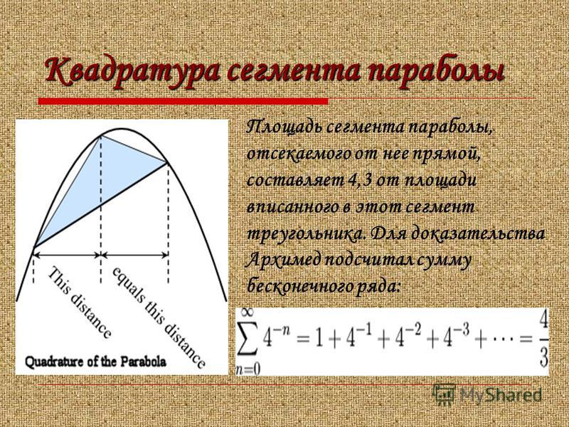 Квадратура сегмента параболы Площадь сегмента параболы, отсекаемого от нее прямой, составляет 4,3 от площади вписанного в этот сегмент треугольника. Для доказательства Архимед подсчитал сумму бесконечного ряда: