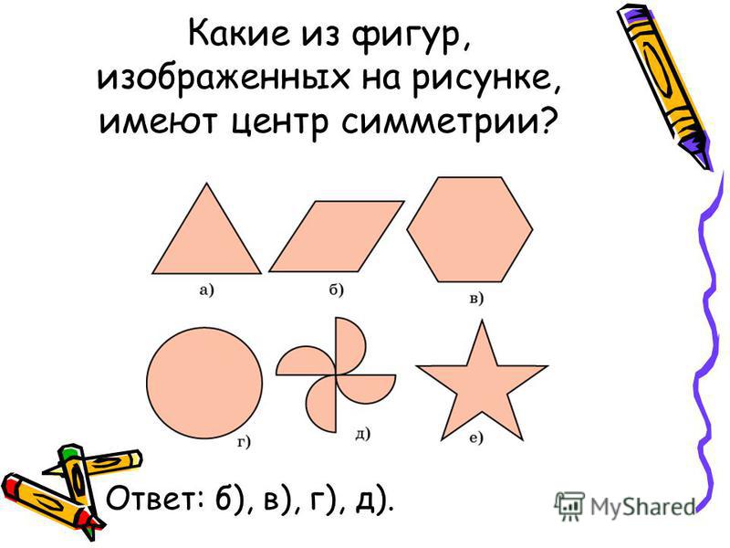 Какие из фигур, изображенных на рисунке, имеют центр симметрии? Ответ: б), в), г), д).