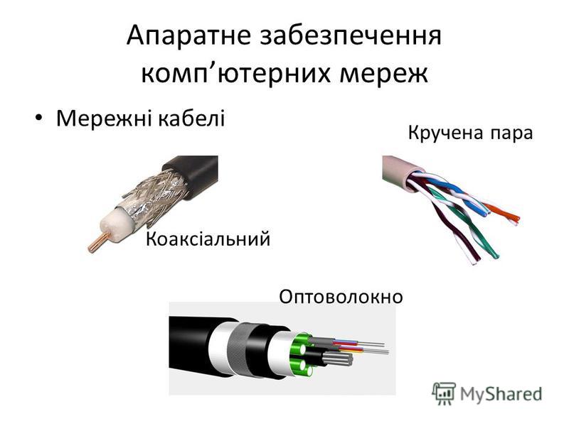 Апаратне забезпечення компютерних мереж Мережні кабелі Коаксіальний Кручена пара Оптоволокно