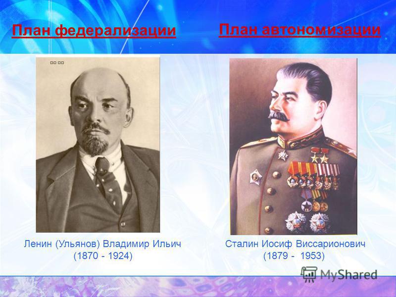 Ленин (Ульянов) Владимир Ильич (1870 - 1924) Сталин Иосиф Виссарионович (1879 - 1953) План автономизации План федерализации