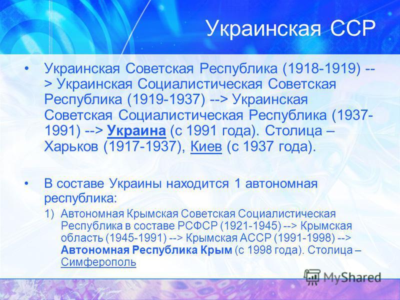 Украинская Советская Республика (1918-1919) -- > Украинская Социалистическая Советская Республика (1919-1937) --> Украинская Советская Социалистическая Республика (1937- 1991) --> Украина (с 1991 года). Столица – Харьков (1917-1937), Киев (с 1937 год