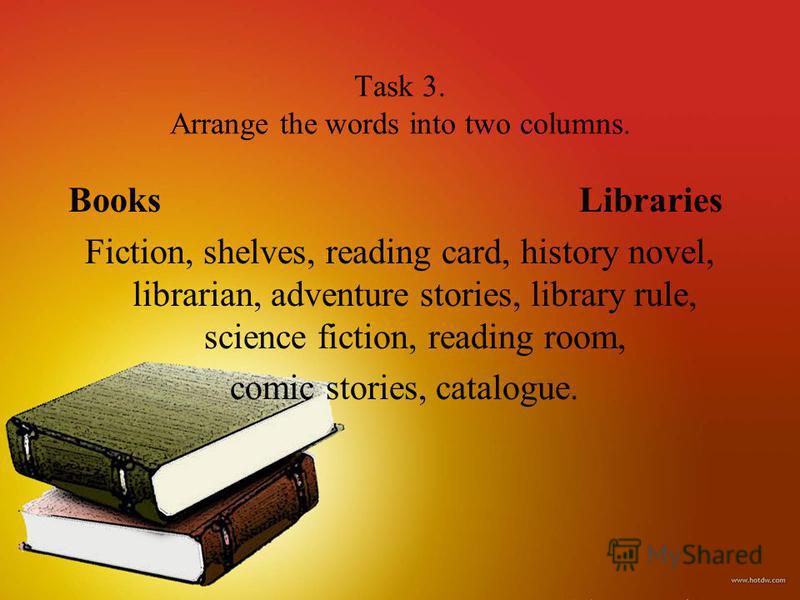 Task 3. Arrange the words into two columns. Books Libraries Fiction, shelves, reading card, history novel, librarian, adventure stories, library rule, science fiction, reading room, comic stories, catalogue.
