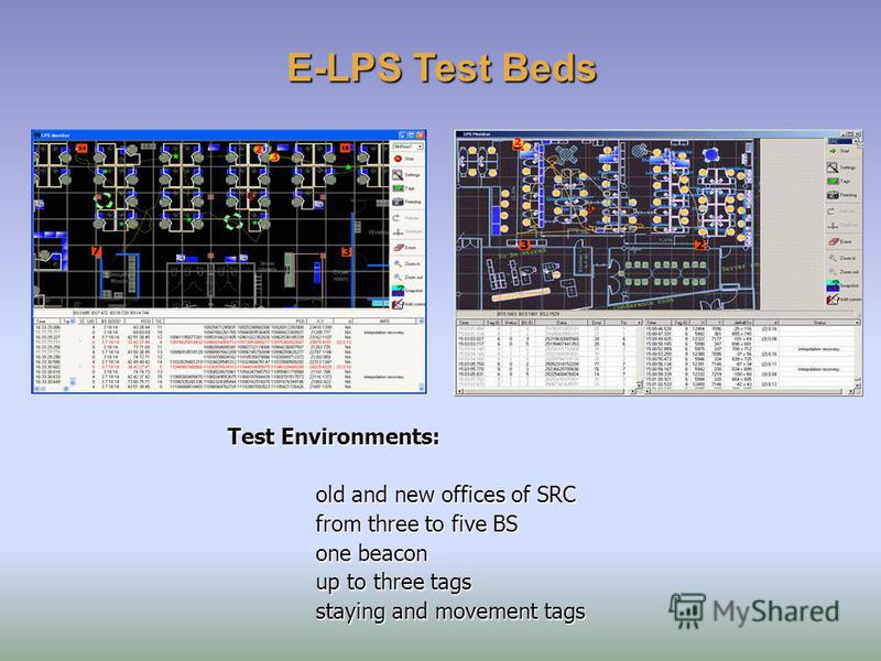 Test Environments: old and new offices of SRC from three to five BS one beacon up to three tags staying and movement tags E-LPS Test Beds