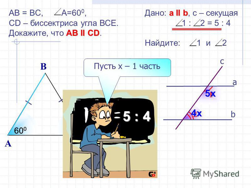 2 1 b а c а II b Дано: а II b, с – секущая 1 : 2 = 5 : 4 Найдите: 1 и 2 5 х 4 х AB = BC, A=60 0, CD – биссектриса угла ВСЕ. АВ II CD Докажите, что АВ II CD. A С B D E 60 0 120 0 60 0 биссектриса 5 : 4 Пусть х – 1 часть