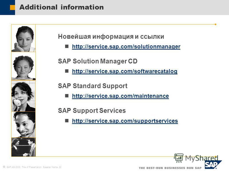 SAP AG 2003, Title of Presentation, Speaker Name 22 Additional information Новейшая информация и ссылки http://service.sap.com/solutionmanager SAP Solution Manager CD http://service.sap.com/softwarecatalog SAP Standard Support http://service.sap.com/